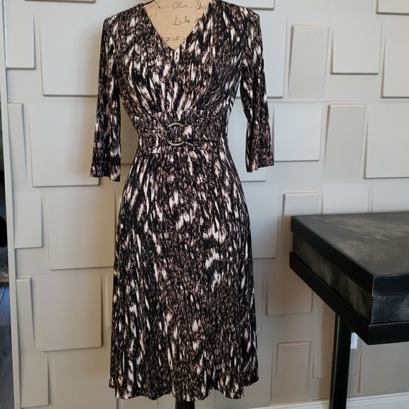 Nina Leonard dress black tan animal print 3/4 sleeve V neck Size Small - Picture 2 of 5